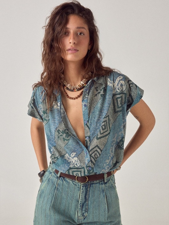 Maison Hotel Tops - Maison Hotel Ayako Shirt Shikoku Indigo Blue Floral Cotton Voile Blouse Size S